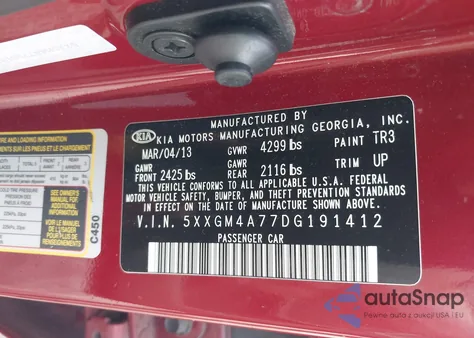 2013 Kia Optima Lx z USA, uszkodzony, nr VIN 5XXGM4A77DG191412